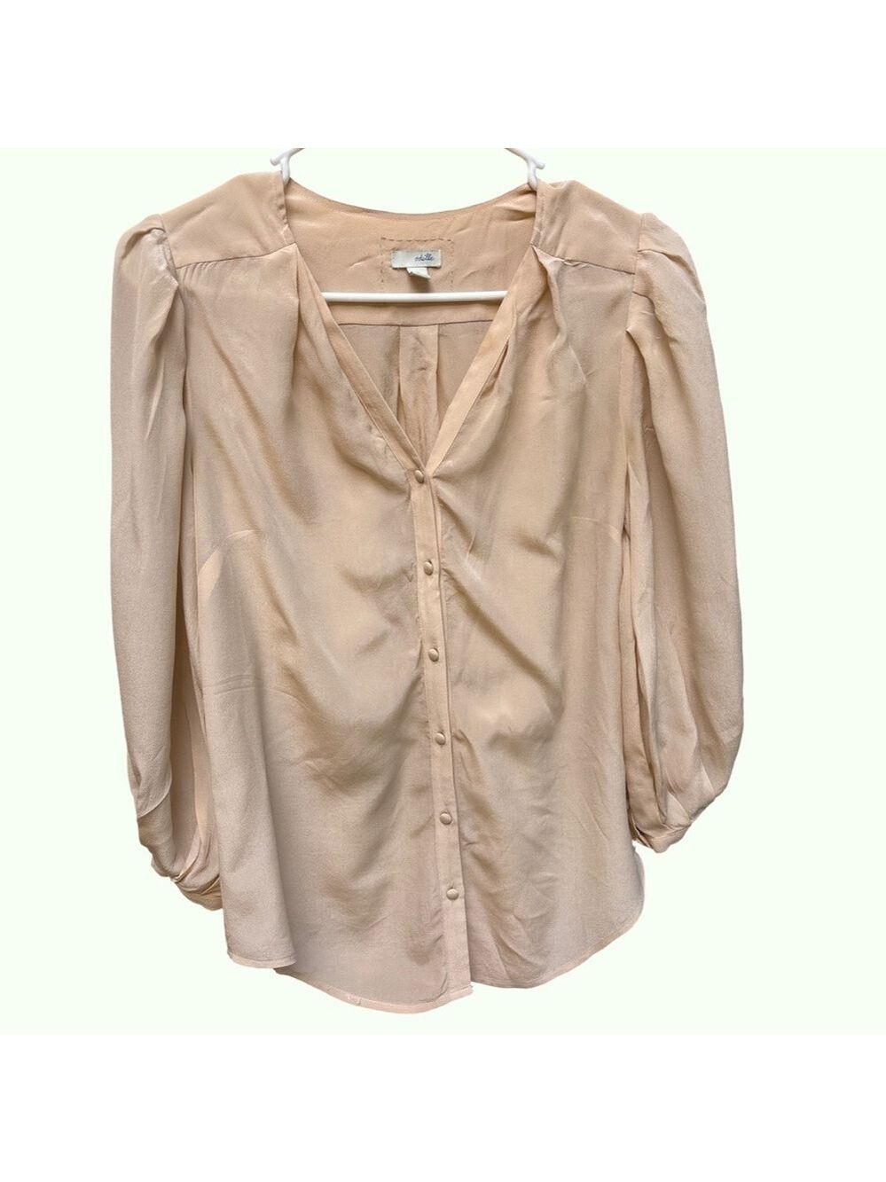 Odille Tan Gold Puff Sleeve Silk Blouse with Bib Collar Size 2